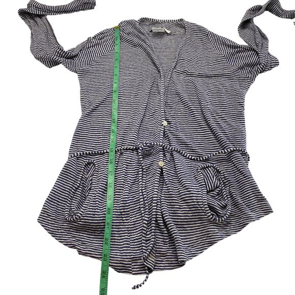 HUMANOID 100% Linen Blue White Stripe Linen Belted Top Size Small Long Sleeve - Picture 9 of 10